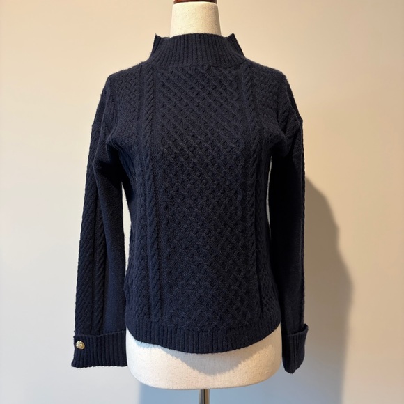 Talbots Navy Blue Cable Knit Button Cuff Sweater - Picture 2 of 6